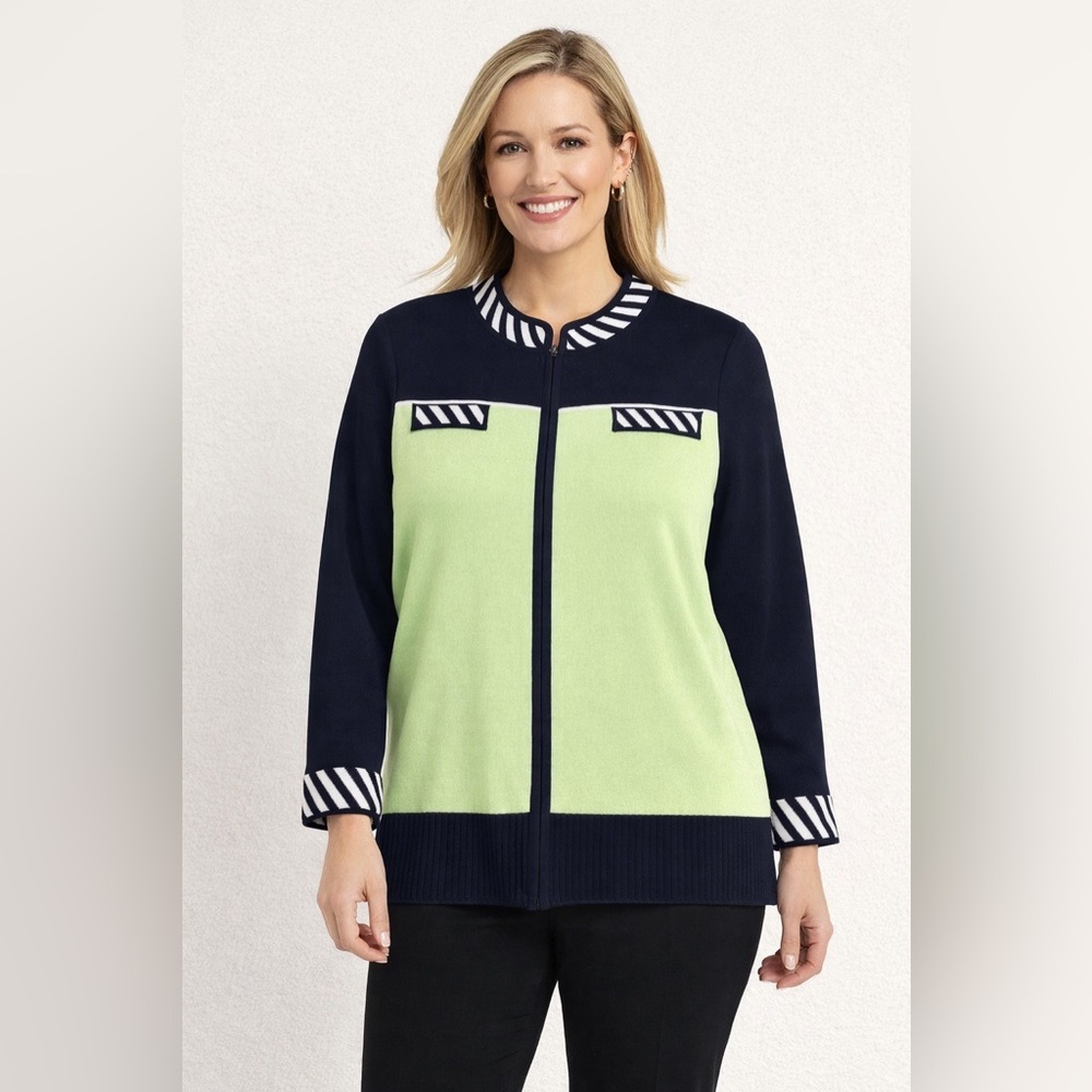 Ming Wang 0X NWT Zip Knit Jacket Navy Lime Colorblock Career Preppy Chic USA